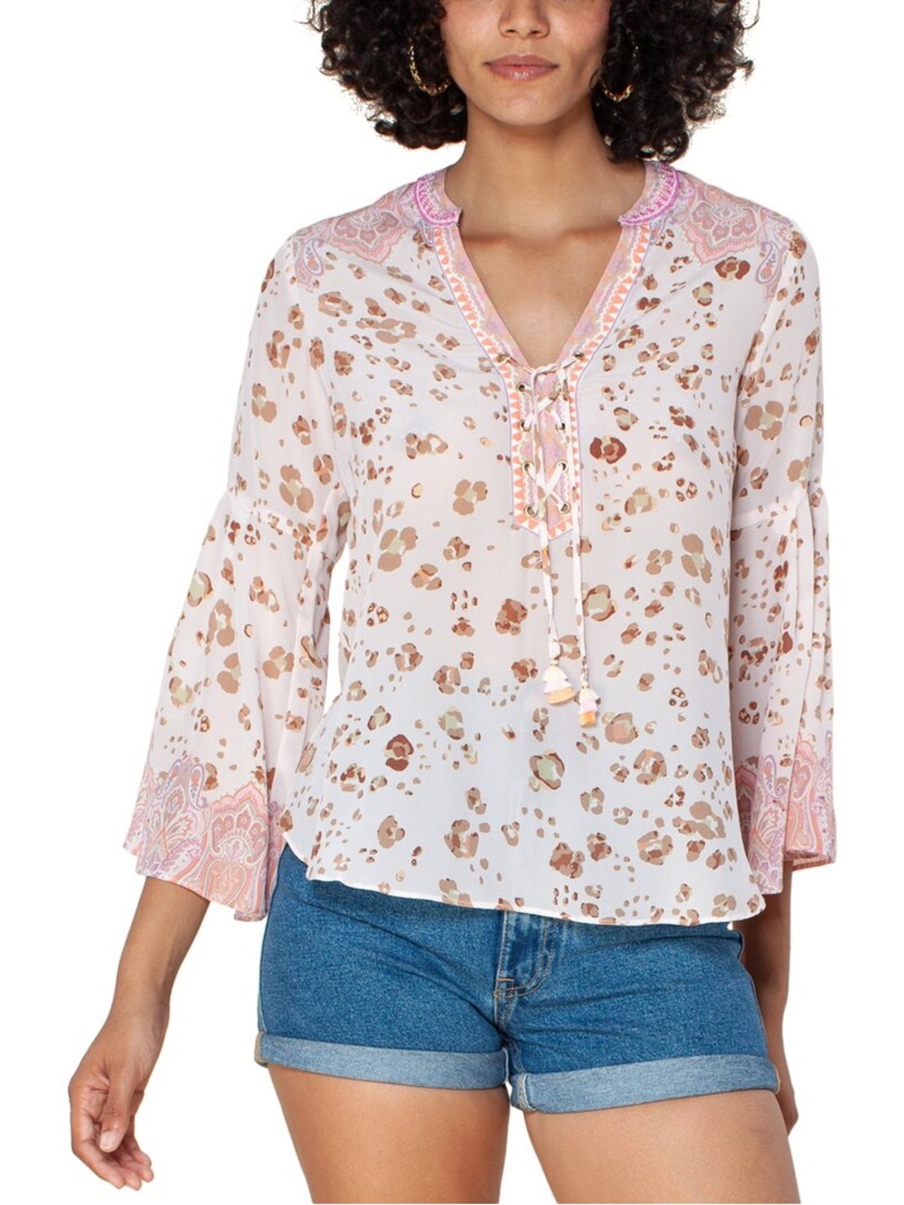 Hale Bob Silk Blouse Pink Leopard Paisley Women’s Size Small Lace Up Bell Sleeve